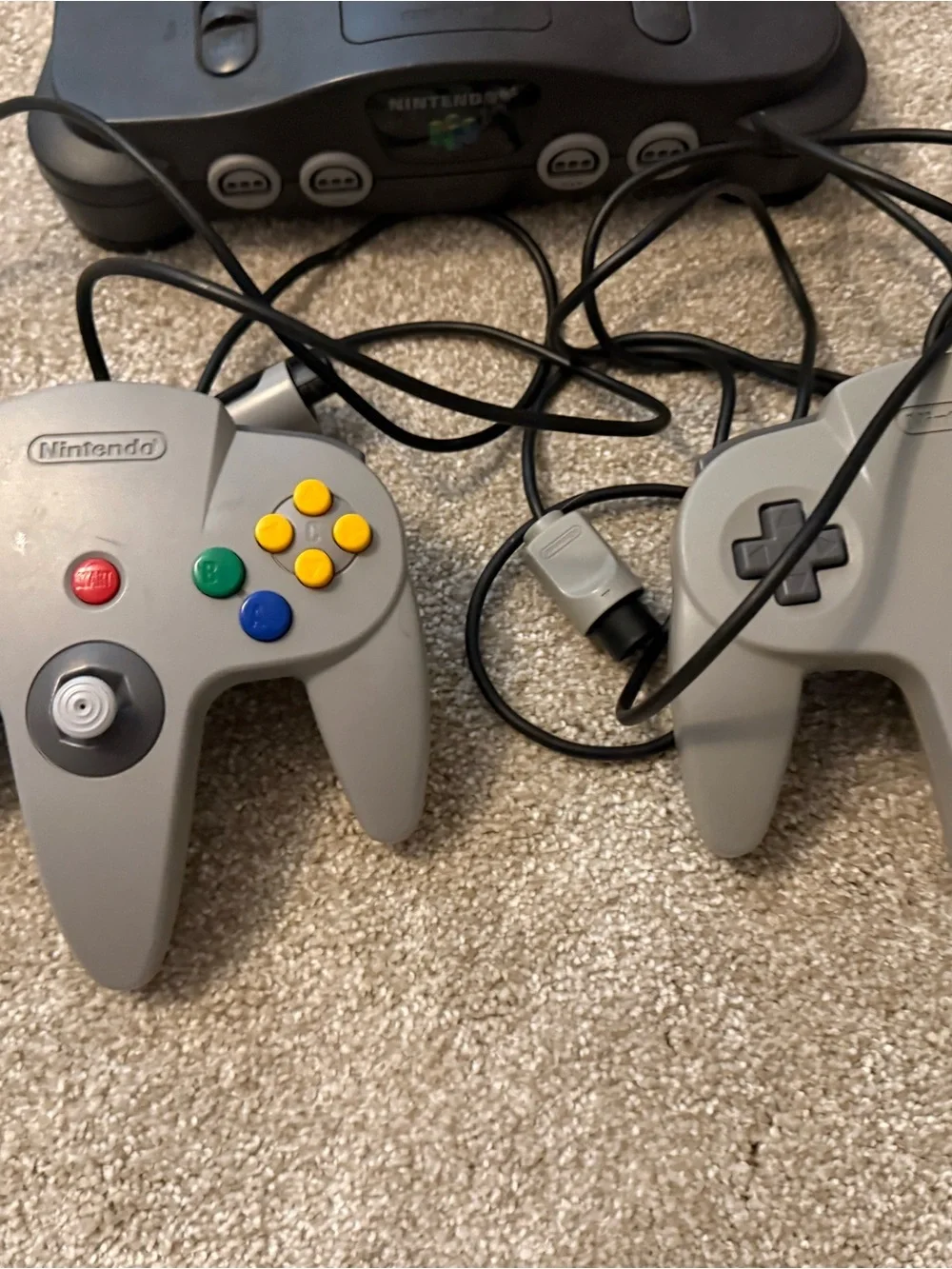Nintendo 64 Console with Two Gray Controllers and jumper pack